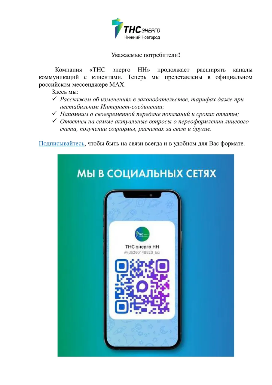 ПАО "ТНС энерго НН" в официальном российском мессенджере МАХ